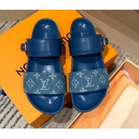 Charming Louis Vuitton Bom Dia Monogram Denim and Leather Flat Slide Sandals Blue 032581