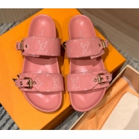 Grade Louis Vuitton Bom Dia Monogram Denim and Leather Flat Slide Sandals Pink 032582