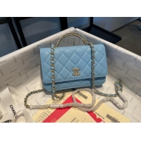 Good Product Chanel mini Shoulder Bag Grained Calfskin&Gold-Tone Metal AP2804 light blue