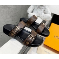 Stylish Louis Vuitton Bom Dia Monogram Denim Flat Slide Sandals Brown/Black/Silve 032584