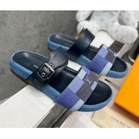 Sophisticated Louis Vuitton Bom Dia Damier Denim and Leather Flat Slide Sandals Blue/Black 032586