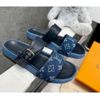 Luxury Louis Vuitton Bom Dia Denim Flat Slide Sandals Dark Blue/Black 032587