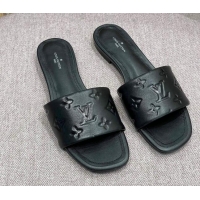 Classic Louis Vuitton Revival Flat Slide Sandals in Monogram Embossed Lambskin Black 032589