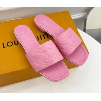 Good Quality Louis Vuitton Revival Flat Slide Sandals in Monogram Embossed Lambskin Pink 032595