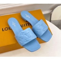 Best Grade Louis Vuitton Revival Flat Slide Sandals in Monogram Embossed Lambskin Blue 032595