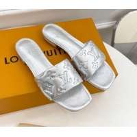 Classic Hot Louis Vuitton Revival Flat Slide Sandals in Monogram Embossed Lambskin Silver 032599