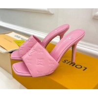 Duplicate Louis Vuitton Revival High Heel Slide Sandals 9.5cm in Monogram Embossed Lambskin Pink 0325102