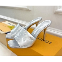 Grade Quality Louis Vuitton Revival High Heel Slide Sandals 9.5cm in Monogram Embossed Lambskin Silver 0325108