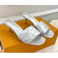 Sumptuous Louis Vuitton Revival High Heel Slide Sandals 5.5cm in Monogram Embossed Lambskin Silver 0325116