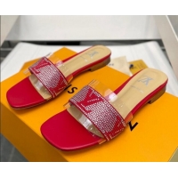 Good Looking Louis Vuitton TPU and LV Crystal Flat Slide Sandals Red 032606