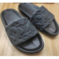 Best Grade Louis Vuitton Sunbath Monogram Rubber Flat Slide Sandals Black 042516