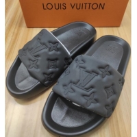 Best Grade Louis Vuitton Sunbath Monogram Rubber Flat Slide Sandals Black 042516