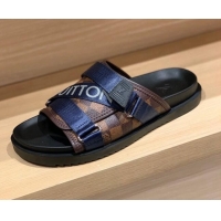 Affordable Price Louis Vuitton Men's Buckle Strap Refective Slide Sandals Damier Canvas/Blue 042530