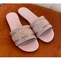 Popular Style Dior Dway Flat Slide Sandals in Crystal Embroidery Pink 032542