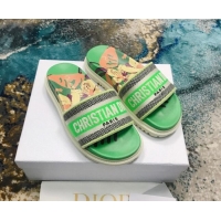 Sumptuous Dior Dway Flat Slide Sandals in Green Multicolor D-Flower Pop Cotton Embroidery 041280