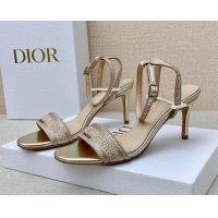 Top Grade Dior Dway Medium Heel Sandals 7.5cm in Gold Cotton Embroidered with Metallic Thread and Crystal 042214