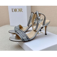 Good Looking Dior Dway Medium Heel Sandals 7.5cm in Silver Cotton Embroidered with Metallic Thread and Crystal 042215