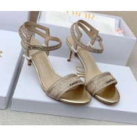 Good Quality Dior Dway Medium Heel Sandals 6.5cm in Gold Cotton Embroidered with Metallic Thread and Crystal 042216