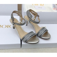 Best Product Dior Dway Medium Heel Sandals 6.5cm in Silver Cotton Embroidered with Metallic Thread and Crystal 042217