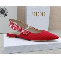 Best Price Dior J'Adior Slingback Ballerinas Flat in Red Embroidered Cotton Ribbon 042225