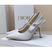 Good Quality Dior J'Adior Slingback Pumps 9.5cm in White Embroidered Cotton Ribbon 042226