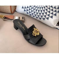 Sophisticated Dior Leather Heel Slide Sandals 4cm with CD Metal Charm Black 042240