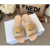 Good Quality Dior Leather Flat Slide Sandals with CD Metal Charm Beige 042241