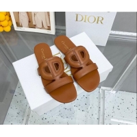 Good Quality Dior Leather CD Flat Slide Sandals Brown 042247