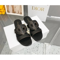 Top Design Dior Leather CD Flat Slide Sandals Black 042249