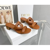 Shop Duplicate Dior Leather CD Heel Slide Sandals 4cm Brown 042252