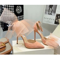 Top Grade Jimmy Choo Suede High Heel Pumps 10cm with Large Mesh Bow Peach Pink 032301