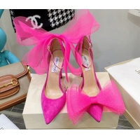 Good Quality Jimmy Choo Suede High Heel Pumps 10cm with Large Mesh Bow Hot Pink 032302