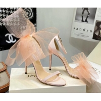 Top Design Jimmy Choo Fabric High Heel Sandals 10cm with Large Mesh Bow Light Pink 032304