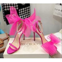 Pretty Style Jimmy Choo Suede High Heel Sandals 10cm with Large Mesh Bow Hot Pink 032305