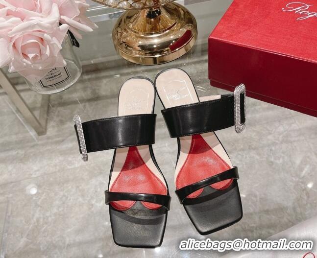 Stylish Roger Vivier Soft Leather Medium Heel Slide Sandals 5.5cm Black 032398