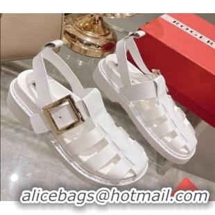 Hot Style Roger Vivier Rangers Calf Leather and Fabric Strap Sandals White/Gold 323101