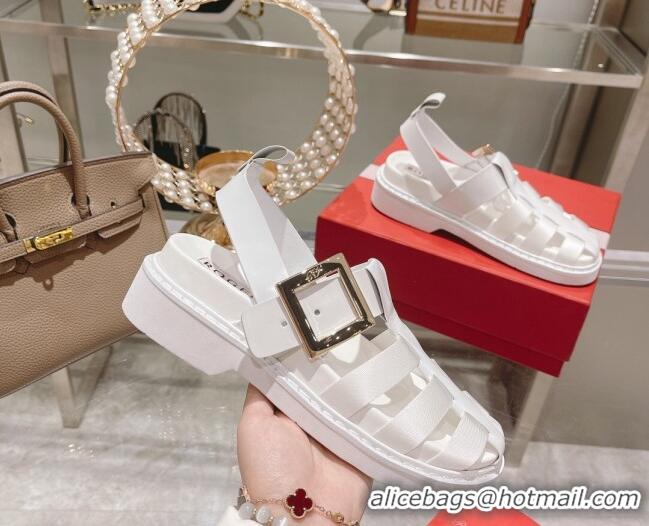 Hot Style Roger Vivier Rangers Calf Leather and Fabric Strap Sandals White/Gold 323101