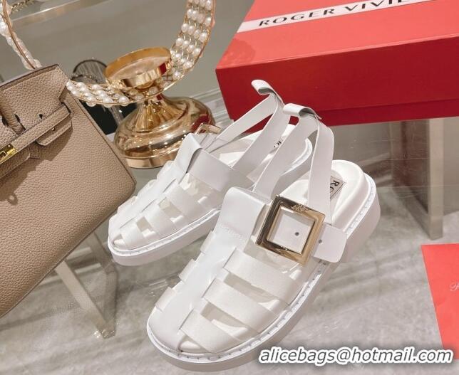 Hot Style Roger Vivier Rangers Calf Leather and Fabric Strap Sandals White/Gold 323101