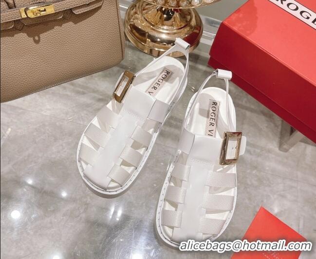 Hot Style Roger Vivier Rangers Calf Leather and Fabric Strap Sandals White/Gold 323101