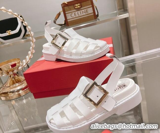 Hot Style Roger Vivier Rangers Calf Leather and Fabric Strap Sandals White/Gold 323101