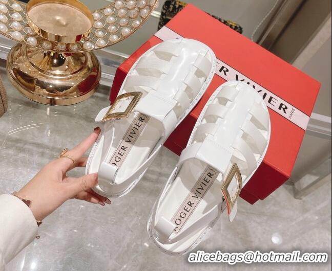 Hot Style Roger Vivier Rangers Calf Leather and Fabric Strap Sandals White/Gold 323101