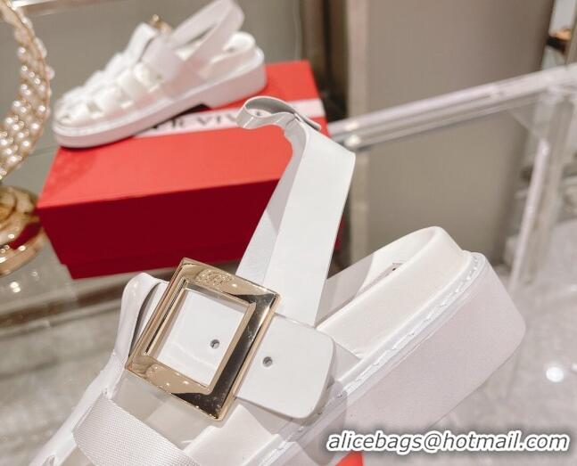 Hot Style Roger Vivier Rangers Calf Leather and Fabric Strap Sandals White/Gold 323101