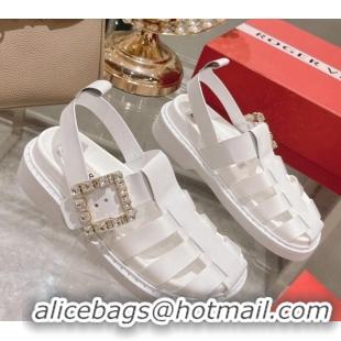 Discount Roger Vivier Rangers Calf Leather and Fabric Strap Sandals White/Crystal 323102