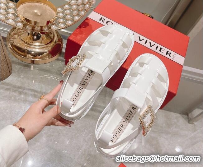 Discount Roger Vivier Rangers Calf Leather and Fabric Strap Sandals White/Crystal 323102