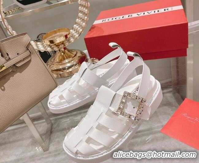 Discount Roger Vivier Rangers Calf Leather and Fabric Strap Sandals White/Crystal 323102