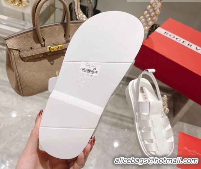 Discount Roger Vivier Rangers Calf Leather and Fabric Strap Sandals White/Crystal 323102