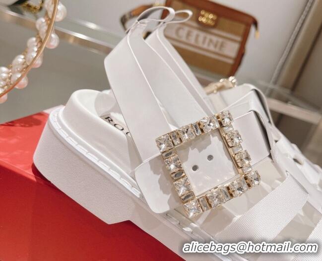 Discount Roger Vivier Rangers Calf Leather and Fabric Strap Sandals White/Crystal 323102