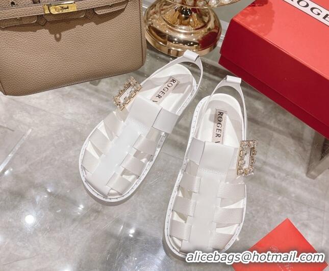 Discount Roger Vivier Rangers Calf Leather and Fabric Strap Sandals White/Crystal 323102