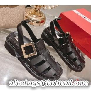 Most Popular Roger Vivier Rangers Calf Leather and Fabric Strap Sandals Black/Gold 323103