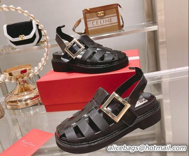 Most Popular Roger Vivier Rangers Calf Leather and Fabric Strap Sandals Black/Gold 323103